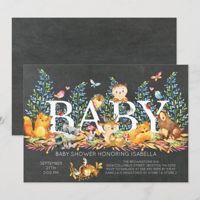 Invitación rusa a Baby Shower neutral de Woodland (Anverso / Reverso)