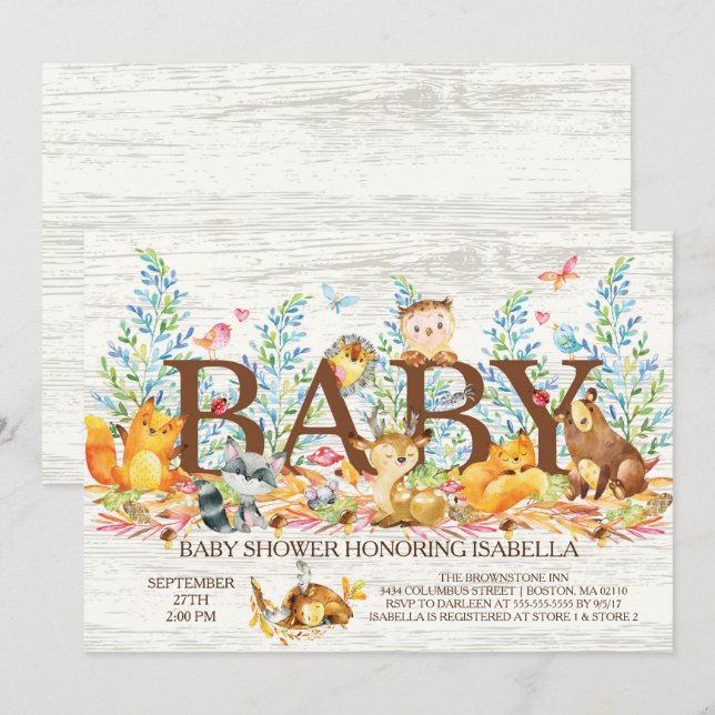 Invitación rusa a Baby Shower neutral de Woodland (Anverso / Reverso)