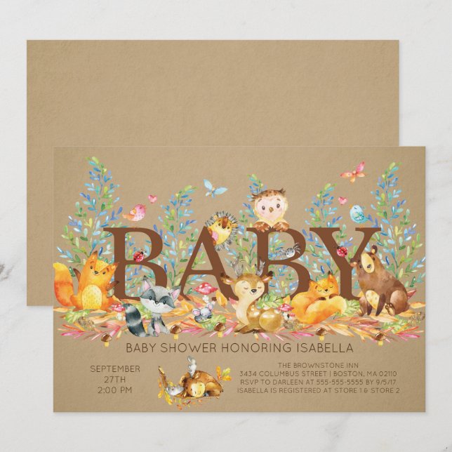 Invitación rusa a Baby Shower neutral de Woodland (Anverso / Reverso)