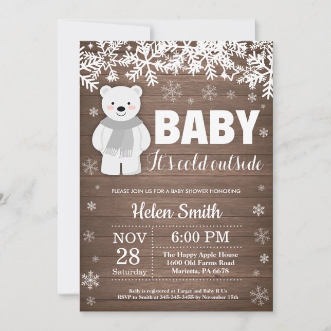 Invitación rusa a Baby Shower por oso polar (Anverso)