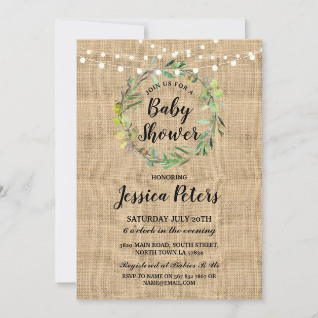 Invitación rusa a la Wreath Verde Burlap de Baby S (Anverso)