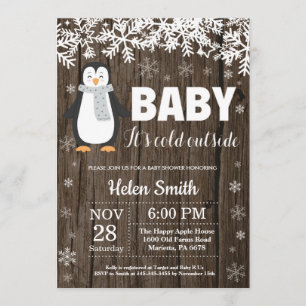 Invitación rusa al Baby Shower penguín en invierno