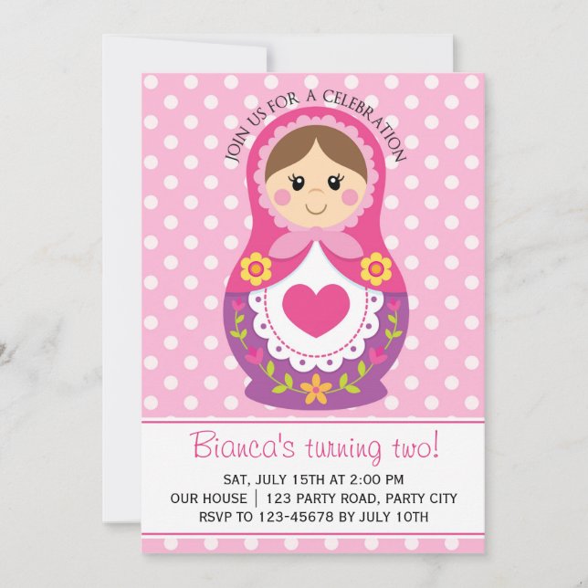 Invitación rusa de la muñeca - cumpleaños del (Anverso)