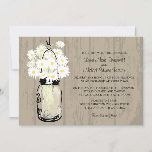 Invitación Rusic Brown Mason Jar Wild White Daisies (Anverso)