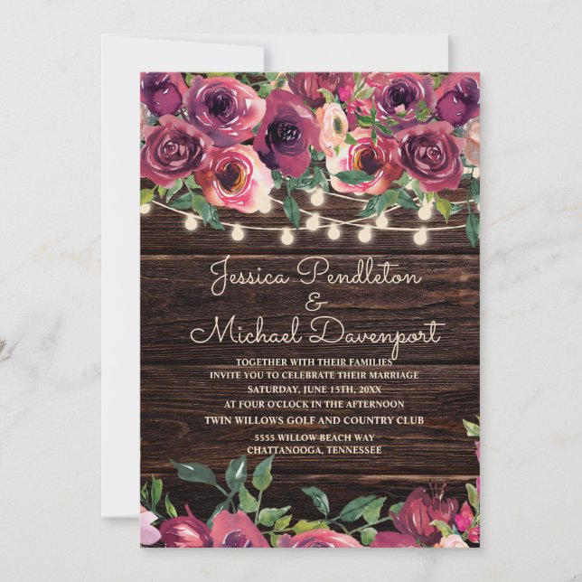 Invitación Rusn Barn Wood String ilumina Purple Floral (Anverso)