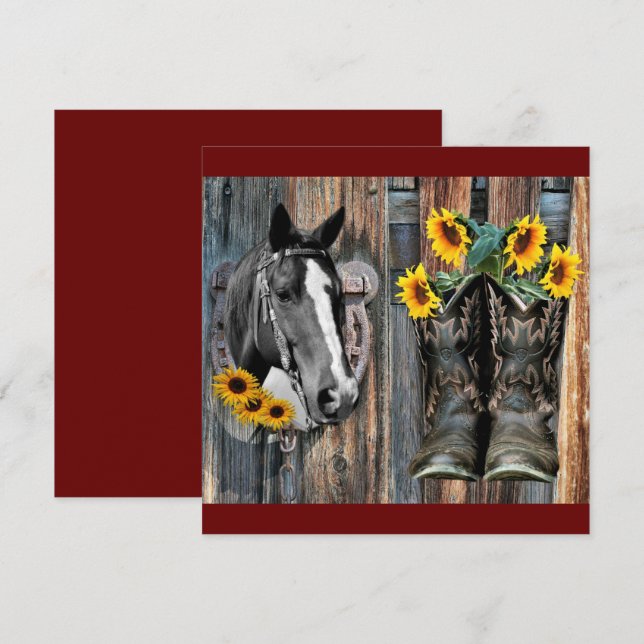 Invitación Russe Western Horse Cowboy botas Sunflowers (Anverso / Reverso)