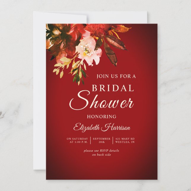 Invitación Rússet Red Otumn Floral Bridal Shower (Anverso)