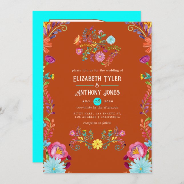 Invitación Rust & Aqua Floral Mexican Fiesta Wedding (Anverso / Reverso)