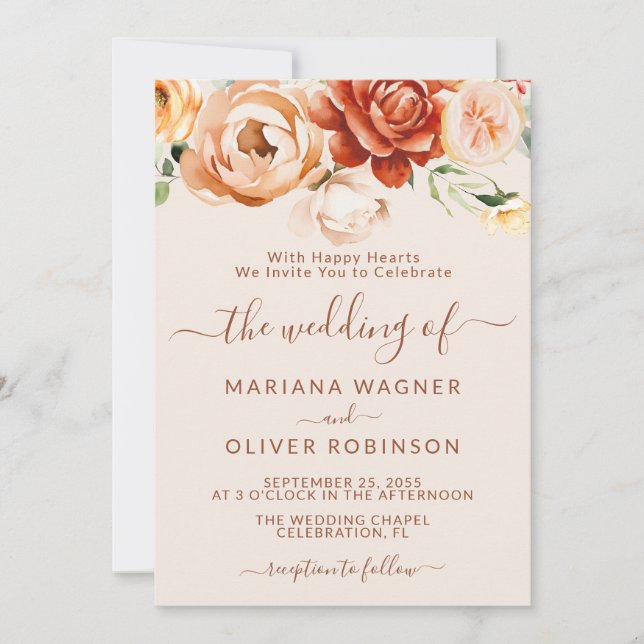 Invitación Rust Beige Elegant Boda Floral (Anverso)