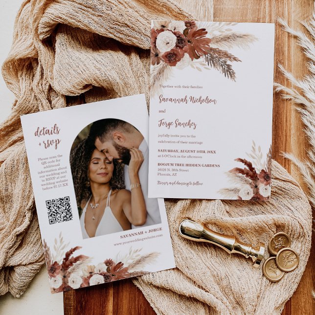 Invitación Rust Boho Pampas Grass Arch Foto Boda de código QR (Subido por el creador)