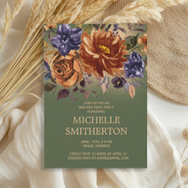 Invitación Rust Naranja Floral Azul Verde 90 cumpleaños Invit