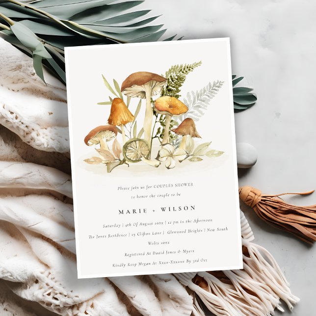 Invitación Rust Naranja Mushroom Fern Foliage Parejas Ducha (Subido por el creador)