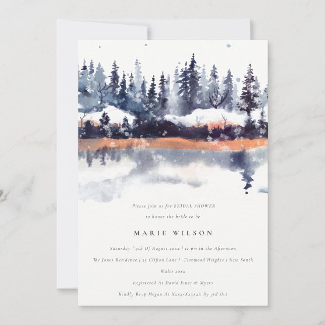 Invitación Rust Naval Winter Pine Forest Snow Bridal Shower (Anverso)