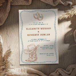 Invitación Rust Teal Western Horseshoe Monogram Wedding