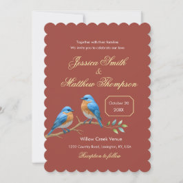 Invitación Rust Terracotta Bluebirds Golden Script Boda