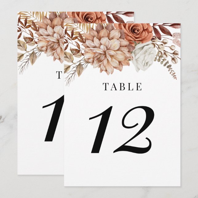 Invitación Rust Terracotta Caída Boho Tabla Floral Número (Anverso / Reverso)