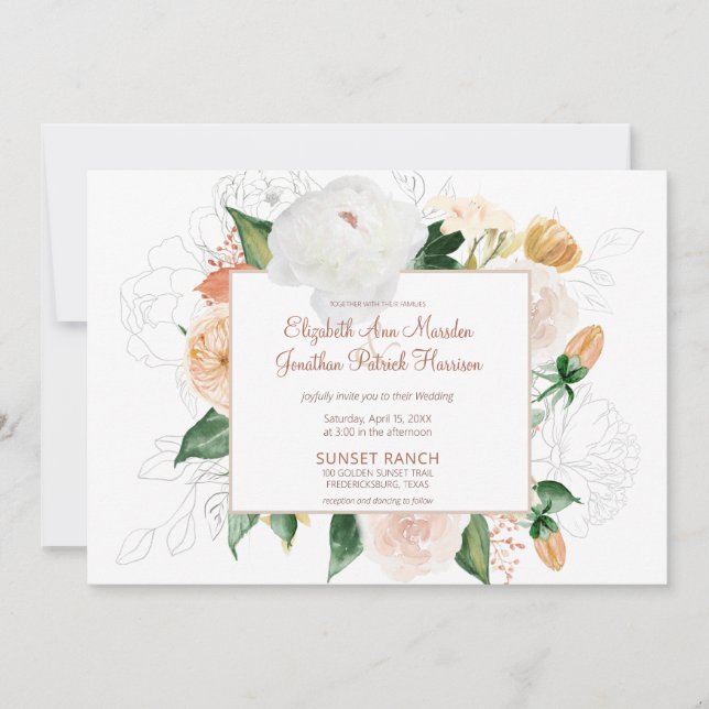 Invitación Rust Terracotta Champagne Boda floral blanca (Anverso)
