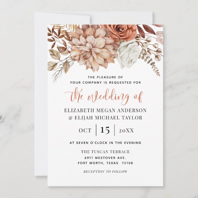 Invitación Rust Terracotta Fall Floral Boho Boda (Anverso)