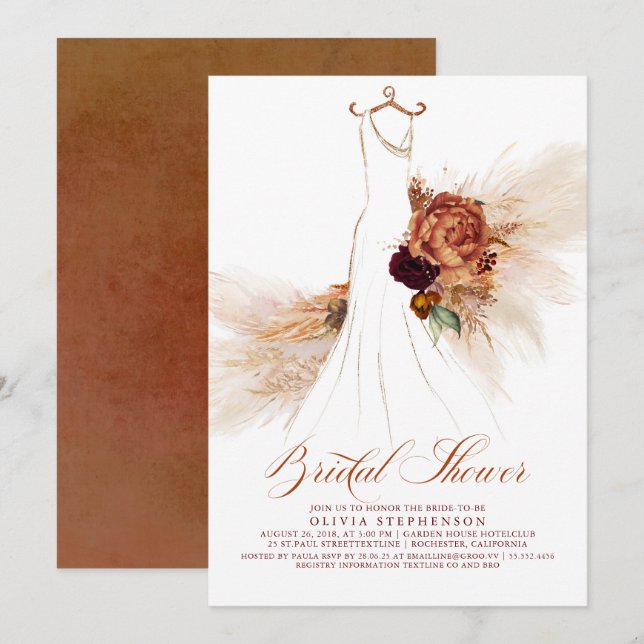 Invitación Rust Terracotta Floral Pampas Ducha de Novias Gras (Anverso / Reverso)