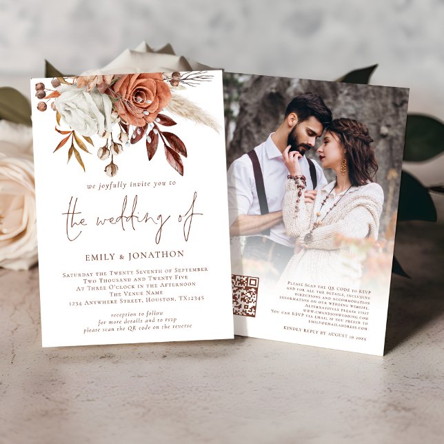 Invitación Rust Terracotta Florals Foto Boda de código QR (Front and back view)