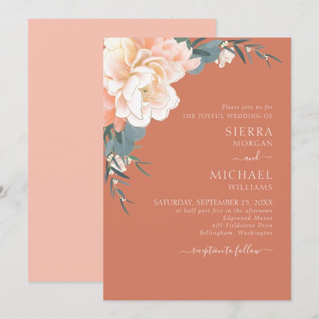 Invitación Rust Terracotta Rubor Peach Gold Floral Boda (Anverso / Reverso)