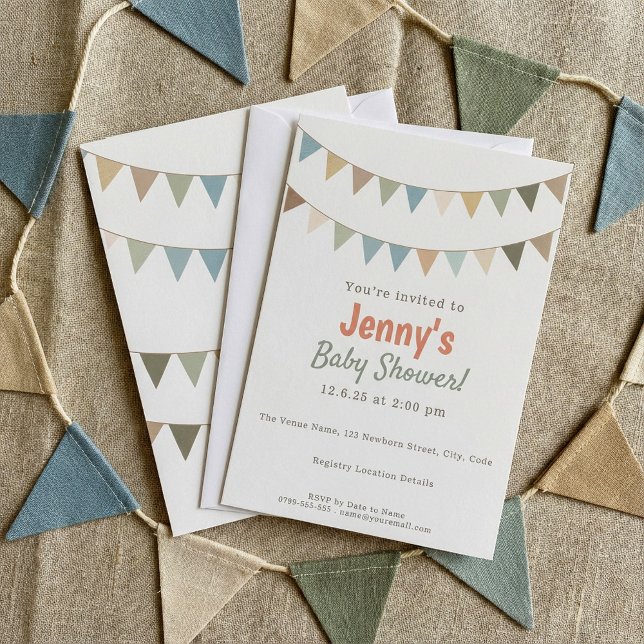 Invitación Rust Terracotta y Sage Green Bungalows Baby Shower (Rust Terracotta and Sage Green Bunting Baby Shower Invitation.)
