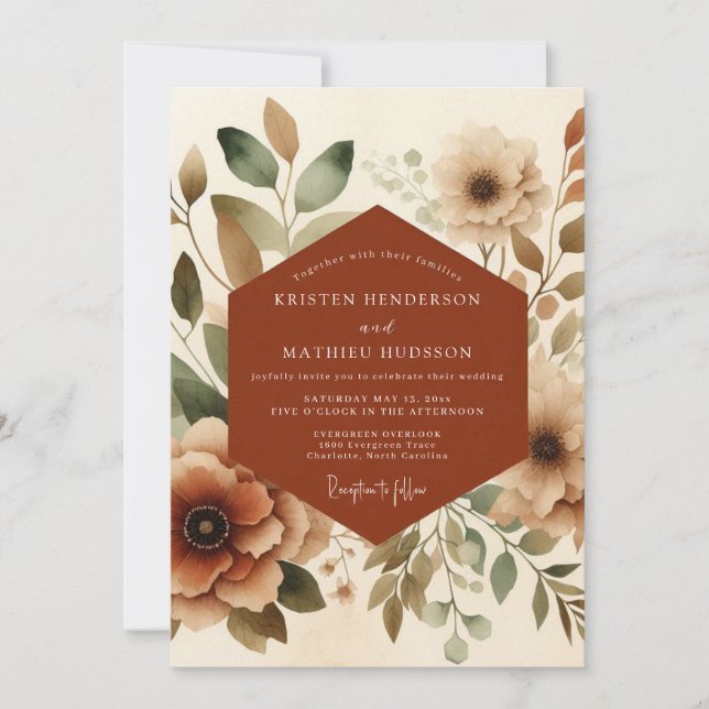 Invitación Rust Watercolor Bloom Wedding (Anverso)