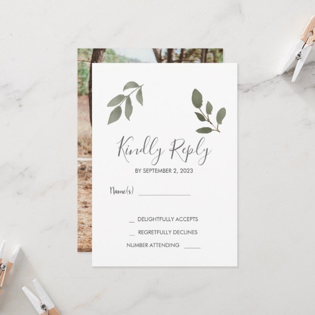 Invitación Rusti elegante hojas botánicas foto Wedding RSVP (Anverso/Reverso In Situ)