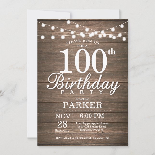 Invitación Rustic 100 Birthday Invitation String Lights (Anverso)