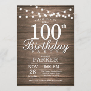 Invitación Rustic 100 Birthday Invitation String Lights