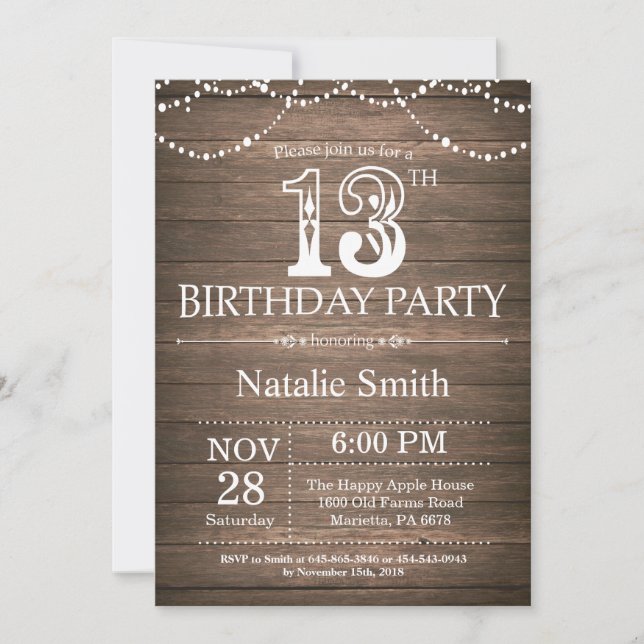 Invitación Rustic 13th Birthday Invitation String Lights (Anverso)