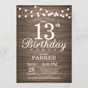 Invitación Rustic 13th Birthday Invitation String Lights Wood