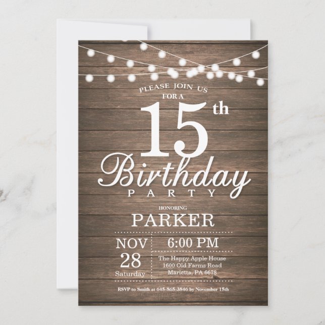 Invitación Rustic 15th Birthday Invitation String Lights Wood (Anverso)