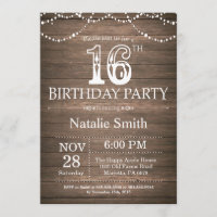Rustic 16th Birthday Invitation String Lights