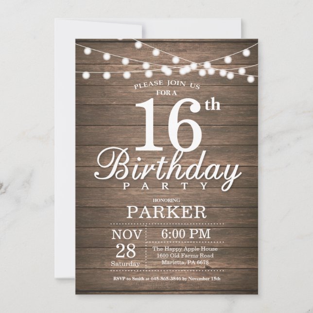 Invitación Rustic 16th Birthday Invitation String Lights Wood (Anverso)