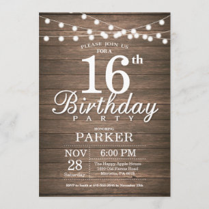 Invitación Rustic 16th Birthday Invitation String Lights Wood