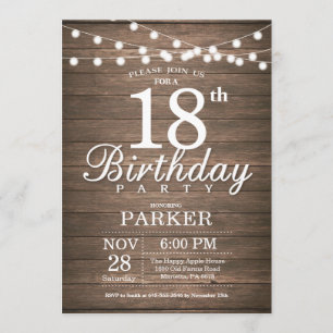 Invitación Rustic 18th Birthday Invitation String Lights Wood