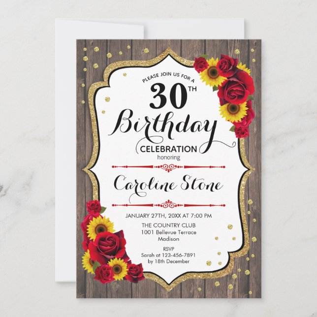 Invitación Rustic 30 Cumpleaños - Rosas de los girasoles made (Anverso)
