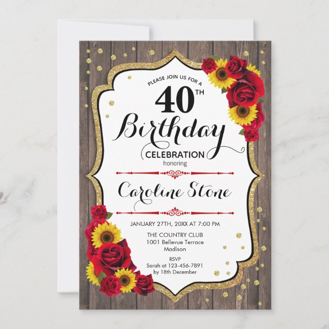 Invitación Rustic 40 Cumpleaños - Rosas Sunflowers Wood (Anverso)