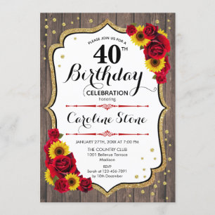 Invitación Rustic 40 Cumpleaños - Rosas Sunflowers Wood