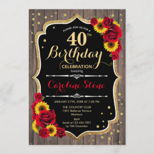 Invitación Rustic 40 Cumpleaños - Rosas Sunflowers Wood