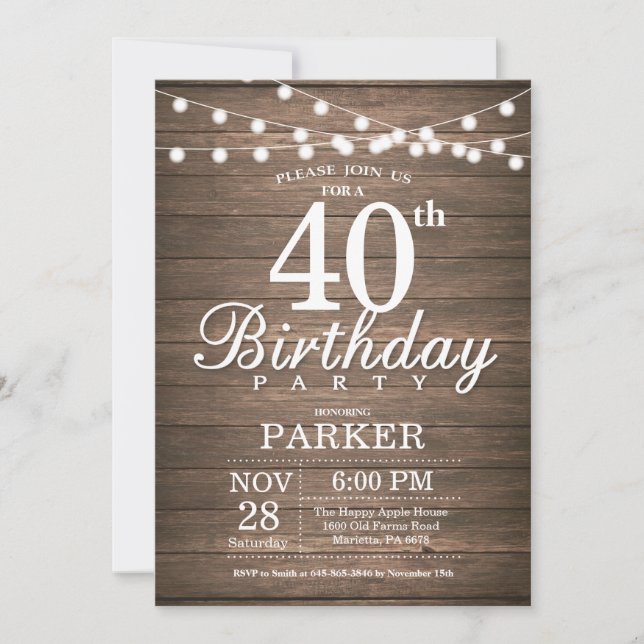 Invitación Rustic 40th Birthday Invitation String Lights Wood (Anverso)