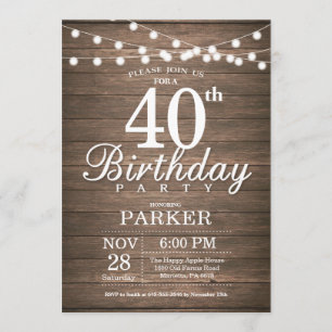 Invitación Rustic 40th Birthday Invitation String Lights Wood