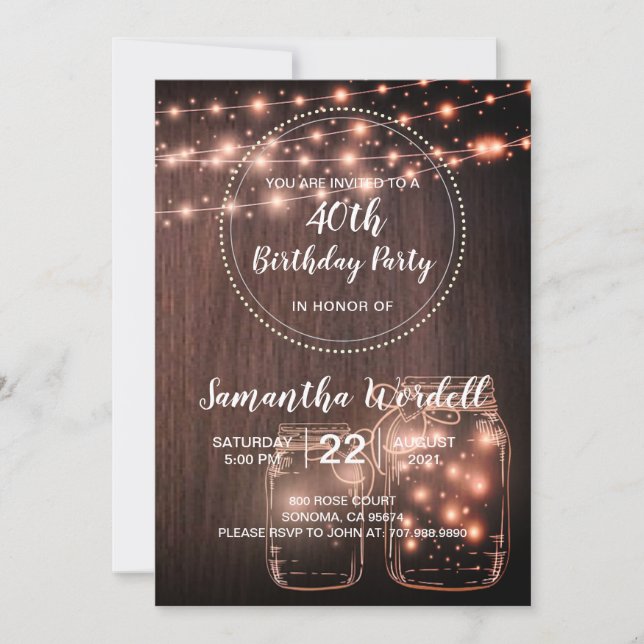 Invitación Rustic 40th Birthday String Lights Invitation (Anverso)