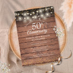 Invitación Rustic 50 Aniversario Boda<br><div class="desc">Con delicados confeti de polvo de oro y luces de cuerda sobre un fondo rústico de paneles de madera. Personalice con su especial información de 50 años de oro en tipografía de escritura moderna. Diseñado por Thisisnotme©</div>