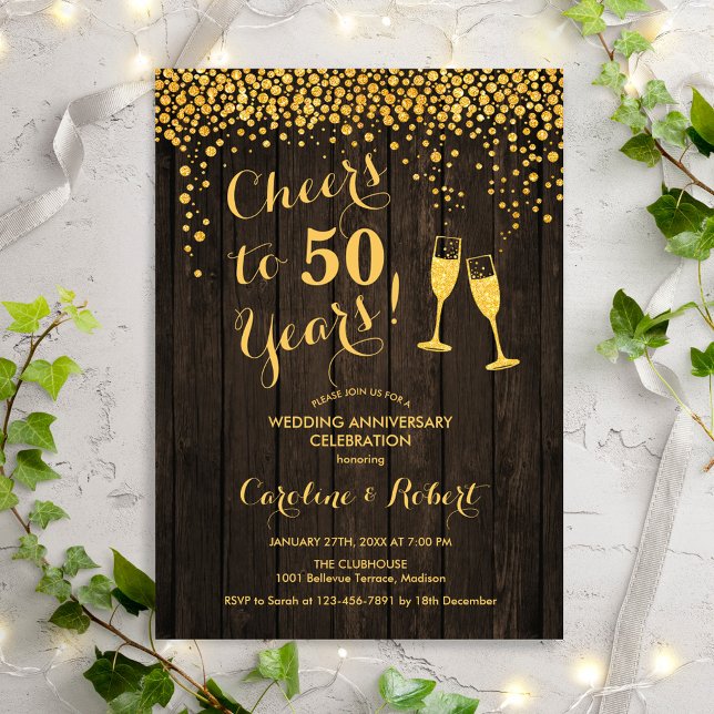 Invitación Rustic 50 Aniversario - Cheers to 50 Years Gold (Subido por el creador)