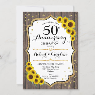 Invitación Rustic 50 Aniversario - Girasoles Madera Dorada