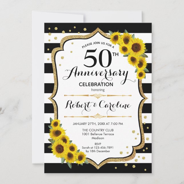 Invitación Rustic 50 Aniversario - Sunflowers Gold White (Anverso)