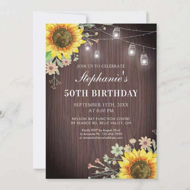 Invitación Rustic 50 Birthday Sunflower Wood Jar Lights (Anverso)