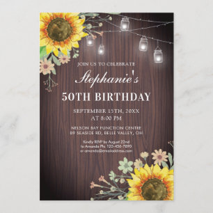 Invitación Rustic 50 Birthday Sunflower Wood Jar Lights